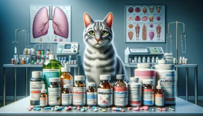 Create a hyper-realistic image in high definition showing a range of potions, antihistamines, and cat-friendly medications on a table. Beside them, illustrate a cat with noticeable physical signs of allergies, such as excessive scratching, sneezing, and skin rashes. Include a diverse range of background diagnostics tools which a vet clinic might use. Remember to capture the seriousness of pet allergies and the importance of timely veterinary intervention. The scene should not contain any written text or Arabic numerals.