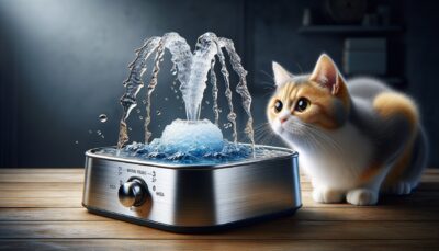 Create a high-definition, realistic image of a curious cat being attracted to a pet fountain. The cat should be depicted as being intrigued by the flowing water, reminiscent of a fresh, bubbling stream. The pet fountain should be designed to attract the cat, with the movement and sound of the water invoking the sights and sounds of nature. This setup aims to encourage the cat to drink more, providing it with the necessary hydration to remain healthy and joyful. Please, make sure there are no Arabic numerals or text included in the image.