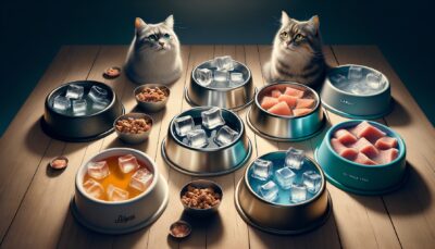 Create an image in a realistic style in high definition that displays a diverse set of water bowls for cats. The water bowls should be made of different materials - ceramic, glass, stainless steel, and plastic. Each of the bowls has unique characteristics: such as icy cubes floating in one, while another bowl has a splash of tuna juice. The setting should portray creativity and love for feline hydration. Please remember, the image should not include any text or Arabic numerals.