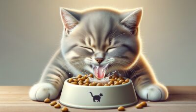 Create a high-definition realistic image of a cute cat enthusiastically eating wet food from a bowl. The wet food is noticeably mixed with water, making it appear more like a soup than usual. The cat pauses to take a sip of the watery food, looking satisfied and hydrated. Make sure no text or Arabic numerals appear in the image.