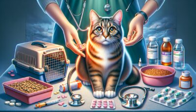Imagine a scene in a hyper-realistic style that emphasizes the theme of pet health. Visualize an alert domestic cat with intense, inquisitive eyes and a glossy coat, seemingly responding to a concerned owner. Surround them with elements associated with veterinary care such as a pet carrier, stethoscope, pet medication, bowls of different sizes of pet food and water. All these features create an atmosphere of care and vigilance, symbolizing the importance of early health problem detection and consultation with veterinary professionals. No text or Arabic numerals should appear in the illustration.