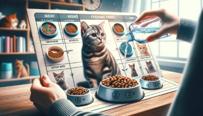 Create a realistic visual in high definition demonstrating the important steps in keeping a cat healthy and well-nourished. Show a feeding schedule that includes the same feeding times each day. Depict a balance of nutrient-rich food being given to the feline, ensuring the proper dietary intake for the day. Display a cat drinking fresh water, highlighting the importance of hydration. These elements should highlight the importance of consistency and routine in taking care of a pet cat. However, the image should not include any text or Arabic numerals.