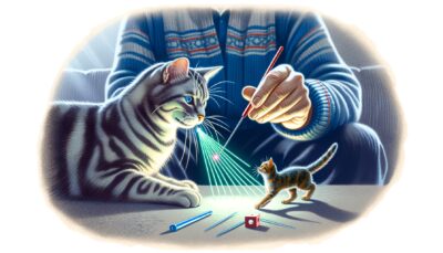 Illustrate a scene that captures the interactive playtime between a cat and a human. The human could be using a laser pointer, a feather wand, or a traditional piece of string with the cat enthusiastically engaging in the play. Reflect the mental and physical stimulation of the cat. Paint the likeness of the bond between the human and the cat. The art style should be realistic with high definition detailing. An important note to remember is that there should be no text or Arabic numerals in the picture.