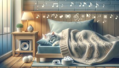 Create a high definition, realistic style artwork of a peaceful bedtime scene for a feline companion. Show a soft cozy bed, complete with blankets, set up for a cat. Include elements of gentle background noise such as a serene music symbol or a representation of a white noise machine. Display a scene of quality time spent with the cat in the form of cuddling and grooming activities. Please exclude text and Arabic numerals from this image.