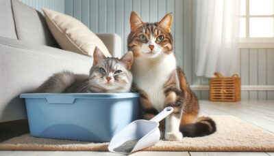 Generate a high definition, realistic style image featuring an easily accessible and quiet litter box location. The litter box is pristine and well-maintained. The scoop rests nearby, ready for daily use. Also include a content-looking domestic cat nearby, purring and cuddling, expressing gratitude towards his or her human parent. The room should emanate freshness and cleanliness, showing a home well taken care of. No text or Arabic numerals should be present in the image.