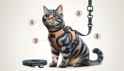 Create a realistic, high-definition image of a perfectly fitting cat harness that is neither too loose nor too tight. It should look comfortable and secure. Include a leash that is at least 6 feet long, allowing a cat to explore their surroundings while still keeping them safe and close. Please, do not include any text or Arabic numerals in the image.