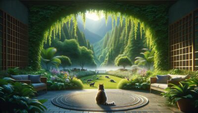Imagine a scenic and cat-friendly outdoor area. This serene location should be vividly lush and green, designed with the safety and comfort of feline pets in mind. We need it to be devoid of anything that might scare or endanger cats, such as bustling traffic or crowd noises. Only calming sounds of nature should fill the surrounding space, where cats can roam, sniff and explore freely. Render the scene in a realistic style in high definition. The image should contain no text or Arabic numerals.
