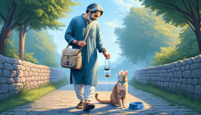 Create an HD image in a realistic style, showing a heartwarming scene outdoors. In this scene, we can see an individual of South Asian descent, male, walking along a peaceful pathway, carrying a small bag. This bag is open, revealing a portable water bowl and some cat-friendly treats inside. This person is being accompanied by a happy and well cared-for cat, and the bond between them is evident. They are looking at each other with affection, and it is clear to anyone viewing the image that they cherish their time together. Note: The picture should not contain any text or Arabic numerals.