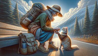 An outdoor adventure scene near the conclusion, featuring an individual and their furry companion, presumably a cat. The individual is seen lavishing their pet with praises, while concurrently offering it a delectable reward or engaging in playful antics. This sequence of actions aims to associate their outdoor escapades with positive emotions, thus easing future ventures. The image showcases their genuine fondness and appreciation for their cat, who has been a reliable companion throughout their walk. Realism forms the cornerstone of the style employed, and the visuals proposed are in high definition. No text or Arabic numerals should be visible in this imagery.