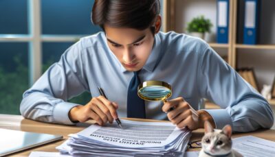 Create an image in a realistic style and high definition that contains no text or Arabic numerals. Show a person of Asian descent, carefully reading over a large document, demonstrating attention to detail. They are seated at a desk, on which there is a small magnifying glass, suggesting that they are meticulously going through every single word. The person holds a pen to underline or take notes, and there are already some notes and documents scattered about. Also, include an image of a cat resting nearby, perhaps indicating cat insurance. Do this in such a manner that it represents the importance of understanding all policy details without any text or numerals in the image