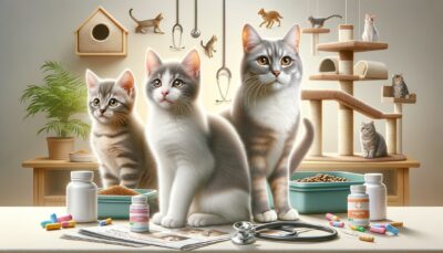 Create an image in realistic style displaying a variety of cats in different stages of life: a playful kitten, a full-grown middle-aged cat, and a serene elder cat. The setting should reflect a comfortable home environment filled with items related to pet health and wellness, such as a clean litter box, nutritious cat food, a climbing tree, and various toys. Depict visual indicators like a stethoscope, pet health magazines, a clear bottle of pet supplements, implying the importance of tailored health care for each cat. Render it in high-definition, without any text or Arabic numerals.