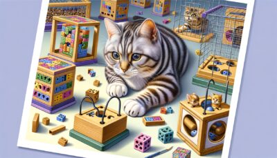 Illustrate a realistic, high-definition picture of a lively domestic cat engaging with an assortment of interactive puzzle toys. The cat is exhibiting signs of keen interest, sharp focus, and is in the midst of trying to figure out the mechanics of the puzzles. The scene consists of the cat having just succeeded in retrieving a hidden treat from one of the puzzle toys, indicating its skill in problem-solving. The environment is filled with various such toys, all meant to provide intellectual stimulation for the cat. Note: Text and Arabic numerals should not be present in the image.