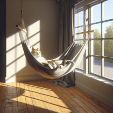 Visualize an indoor setting where a cozy hammock has been hung near a sunny window. A domestic cat is lounging comfortably in the hammock with an expression of contentment, purring softly, enjoying the sunlight bathing its fur. The cat is soaking up the warmth, watching the indoor environment, and exuding an air of dominance, akin to a regal ruler of its domain. Note that the hammock appears to be a homemade project, constituted of sturdy fabric and suspended with hooks. Render this scene in a realistic style and high definition, with no textual elements or Arabic numerals included in the image.