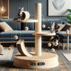 Create a lifelike, high definition image of a tastefully designed cat scratching post. This post should be crafted out of wood but be completely wrapped in either rope or carpet material. Additionally, include a couple of enticing dangling toys attached to the post. To top it off, imagine a sprinkle of invisible catnip on the structure, indicating an extra enticing element for the imaginary cat. Make sure the surrounding atmosphere is suggestive of a stylish and modern living room, however, keep the focus on the scratching post. There must be no text or numerals in the picture.