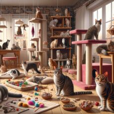Envision a room filled with various breeds of cats with a multitude of feline toys scattered around, including feather wands, crinkly balls, and other engaging playthings. Include a smattering of tasty treats distributed around the space for the cats to snack on. Feature a realistic designed plush cat tree and a snug blanket fort prominently as cozy retreats for these feline friends. The cats of different ages and sizes are seen lounging, playing, and nibbling treats. The atmosphere is warm and joyful, resonant with the purrs of contentment. The style must be highly realistic and high definition, devoid of any text and Arabic numerals.
