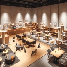 Create a realistic HD image of a warm and comfortable interior of a cat cafe. The space should be well-lit and decorated in warm tones suggesting a feeling of coziness. There should be several areas for the cats to play, with climbing trees, scratching posts, and comfortable sleeping spots. The room should also include a separate area with tables, chairs, and a counter where coffee is served. Around the cafe, various cats of different breeds and sizes are visible, interacting with each other and the environment, while humans are seen sipping coffee and watching the playful felines.