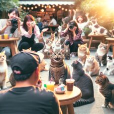 Create a realistic, high-definition image that portrays a playful and social scenario set at a local cat meetup. Include a diversity of cats of different breeds and colors happily interacting and exploring their surroundings. The scene should exude warmth and friendliness, indicative of a community event specifically for feline friends. Capture the details in a way that leads to the impression of fun and socialization among the cats. Please remember that no text or Arabic numerals should appear in the picture.