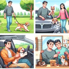 A detailed and crystal clear image showcasing the different steps of socializing a pet. The first scene shows a pet owner of South Asian descent, male, calmly walking the pet in a grassy park while staying close for comfort. The next scene presents them on a car ride, the pet exploring the car interior with curiosity, and the pet owner, a Caucasian woman, offering treats and toys. The final stage features the pet experience in a pet-friendly store, where our Middle-Eastern male pet owner is guiding the pet as it interacts with other animals and humans. No text or numerals visible.