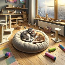 Generate an image in a realistic style and high definition. The picture depicts two cats in a comfortable home setting. They are involved in playful activities such as chasing each other around a living room filled with toys, scratching posts, and a window sill to view the outdoors. They also curl up together for a nap on a soft, warm cat bed. No text or Arabic numerals should appear in the picture.