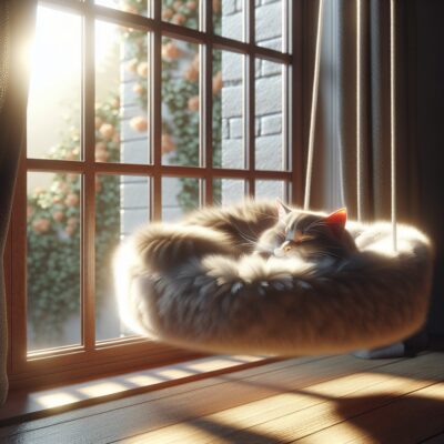 Depict a scene with a window perch bed attached to a sill where a cat lounges, frolicking in the warm sunlight pouring from the outside. The atmosphere should be of serenity and comfort, capturing the essence of a personal paradise for the feline. The cat is curled up, its fur looking soft and luscious as it basks in the soothing rays of the sunshine. The bed should look inviting, portraying it as an ultimate luxury for this little pet. Ensure that the image is rendered in a realistic art style and high definition. Additionally, there should be no text or Arabic numerals in the picture.