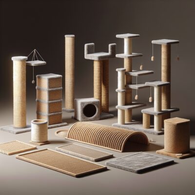 Craft a hyper-realistic, high definition image of various types of cat scratching posts. Display a vertical scratching post, made of a sturdy wood and covered in rough, beige sisal rope. Nearby, showcase a horizontal one, designed of durable cardboard and layered like an accordion. Also, include an angled one, with one end touching the floor and the other end elevated, made of carpet material in a calming gray hue. Show varying signs of scratch marks on each post to portray use. The environment should reflect a homely setting with no text or Arabic numerals in the scene.
