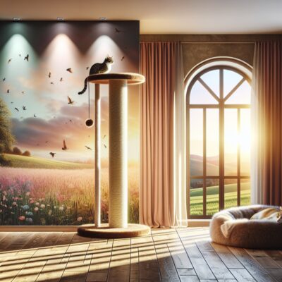 Create an HD, realistic style image of a cozy room with proper cat-friendly amenities. The room features a tall cat scratching post strategically placed near a comfortable napping spot - perhaps a soft bed or a fluffy cushion. Across from the scratching post is a sunlit window showcasing an enchanting view of chirping birds and rolling fields. The lighting of the room indicates a feeling of warmth and relaxation, with the scratching post and the napping spot being the key areas of focus.