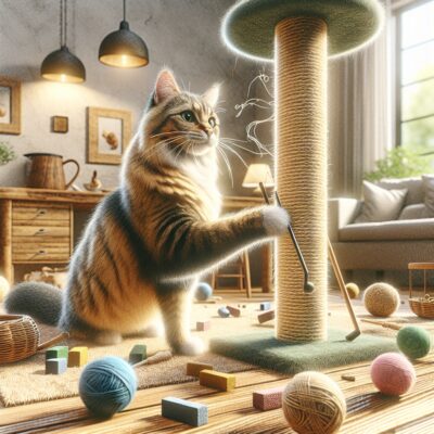 Craft a high definition, realistic style image depicting a home environment with a cat engaging with a scratching post. This scene should evoke a positive and nurturing atmosphere. Include elements such as toys and treats scattered around the area to represent a reward system. The cat should be drawn in mid-action of using the post, possibly with strands of catnip nearby, subtly suggesting that this has made the post more appealing. Make sure to leave out any textual elements and Arabic numerals from the image.