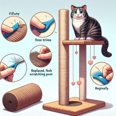 Depict a high-resolution, realistic image of a well-maintained cat scratching post. It should look enticing and enjoyable, displaying frequent trims of loose threads and replaced, fresh scratching pads. To portray the essence of cat satisfaction, show a content and happy feline enjoying the post. The scene should also communicate the special bond between the cat and its caring owner who maintains the post regularly. Reminder: No text or Arabic numerals should be included in the image.