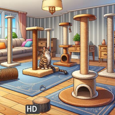 Illustrate a typical home setting, decorated with multiple scratching posts placed in different areas for a cat to enjoy. These scratching posts should vary in shape, height, and material offering the cat a variety of experiences. The posts should include a mammoth floor-to-ceiling style post, a classic post covered in a carpet, a flat cardboard scratcher, and an angled sisal post. The environment should be in HD realistic style. Add a playful and contented feline exploring and scratching the posts. No text or Arabic numerals should appear in the picture.