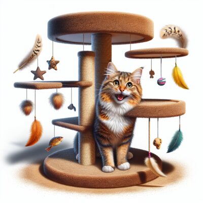 Generate a detailed image in a realistic style and high-definition quality. The image features a scratching post for a cat, spruced up with various toys and feathers attached, providing a source of enjoyment for the feline. The scratching post is sprinkled with catnip, adding an additional element of intrigue for the cat. Assume the cat to be joyfully engaged with the combination of toys and the scent of catnip, with the scratching post serving as its favorite spot to play and relax. Remember, no text or Arabic numerals should be present in the image.