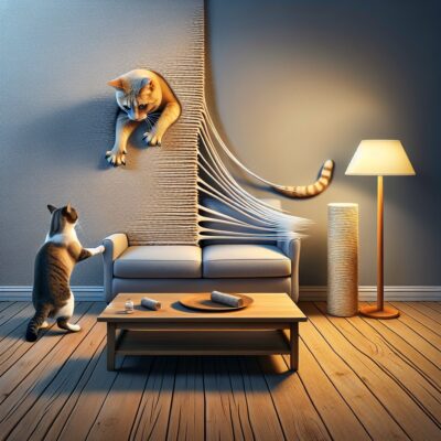 Generate a realistic HD image of a cat redirecting its claws away from a well-loved couch and toward a scratching post nearby. The environment is filled with patience and consistency. The scene depicts the process of patiently teaching the cat the appropriate place to scratch. No text or Arabic numerals should appear in the image.