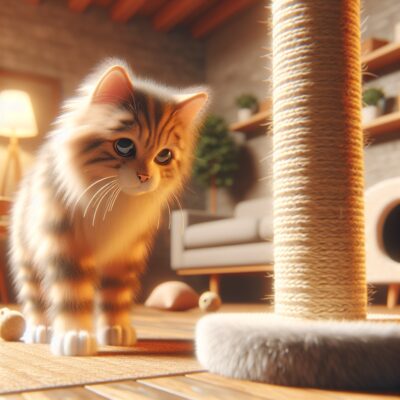 Create a detailed and realistic image of an indoor setting where a fuzzy cat is curiously examining a new scratching post. The cat is showing a little apprehensive body language. The environment is warmly lit, suggesting home comfort and full of cat-friendly details like toys and a bed, but no text or numbers are visible. It shows an attitude of patience and support as the cat adjusts to this new object in its territory.