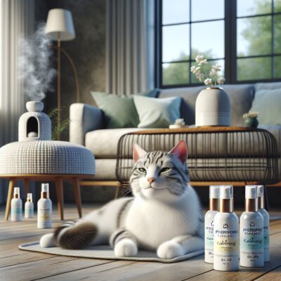 An image in a realistic style that captures a serene domestic setting, with a focus on a calm and relaxed cat. The cat is seen lounging contentedly in its living area, with a noticeable change in its demeanor. Pheromone diffusers and spray canisters, designed to emit calming scents, are subtly placed throughout the environment. The atmosphere is notably tranquil, permeated with a sense of peace and serenity that emphasizes the effects of the calming pheromone products. The overall image should clearly convey the idea of a stress-free, happy, and relaxed feline, with no presence of text or Arabic numerals.