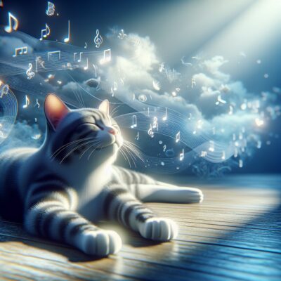 A realistic image in high definition of a content domestic cat lounging in a serene environment. Project a sense of calm and tranquility, emanated from soothing melodies that are just within hearing range, leaving the cat relaxed and less stressed. There are soft indicators of classical music and nature sounds filling the environment but they are not distinctly discernible. The cat is blissfully at peace, drifting in a state of relaxation and unwinding from any agitated state. There are no text or Arabic numerals in the image.