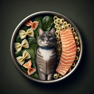 Create a highly detailed, realistic image in high definition of a freshly cooked, appetizing meal prepared for a cat. The meal consists of boiled pasta, visibly flaked salmon, and cooked spinach. Each ingredient should be distinctly recognizable. There is no text or Arabic numerals present in the image.