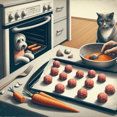 Visualize a kitchen scene displaying a process of preparing a special homemade meal for a cat. Begin with ground beef being mixed with grated carrots in a bowl, the mixture then shaped into small meatballs and placed meticulously on a baking sheet. Show the oven nearby, ready for the baking process. Imagine the tempting aroma filling the kitchen air, evoking the curiosity of a nearby cat who is observing the cooking process with anticipation. Upon completion, portray the meatballs as golden brown, arranged neatly on a plate, ready to be served to the waiting feline. The entire scene should be in a realistic style, high definition, without any text or Arabic numerals.