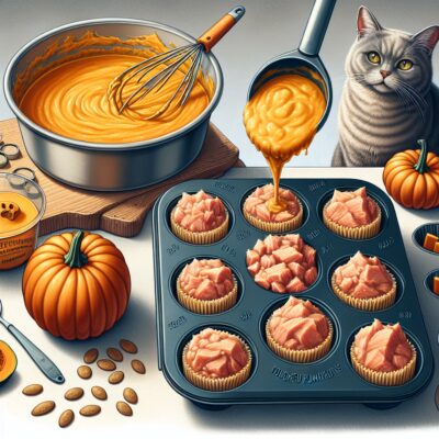 Illustrate a detailed and realistic image in High Definition showcasing the process of making homemade cat food. This includes merging canned pumpkin puree with cooked ground turkey, and spooning the mix into muffin tins for controlled portions. The tins should then be depicted as they bake in the oven till they solidify. Also, illustrate individual sections of the baked goods, emphasizing their convenience and taste appeal for cats. It should induce a sense of anticipation in a cat, perhaps shown by a cat close by, licking its chops in anticipation. The image should exclude any text and Arabic numerals.