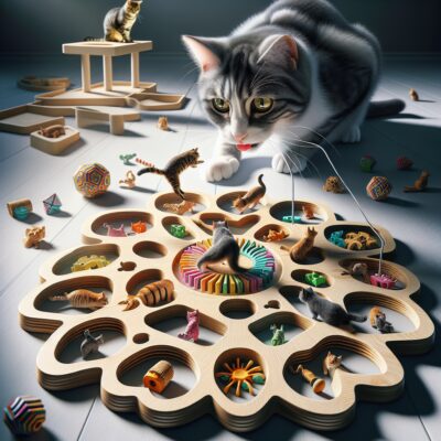 Create a realistic, high-definition image of a feline playing with interactive puzzle toys. The toys are designed to provide mental stimulation and mimic the thrill of the hunt, keeping the cat engaged and active. Showcase various stages of interaction like pouncing, batting, and exploring. The cat should appear happy and healthy, deriving enjoyment from its stimulating toys. The scene should subtly display a unique bond between the human owner and the feline, represented by the thoughtful array of toys. Please avoid using text or Arabic numerals in the image.