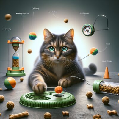 Create a high-definition, realistic-style image depicting a cat having a fun and engaged experience with a treat-dispensing toy. The cat should appear mentally stimulated and entertained as it challenges itself to work for its snacks. Also incorporate elements that evoke physical exercise and natural hunting instincts of the cat. In the scene, the aesthetic of the treat-dispensing toys should reflect their role in preventing boredom and promoting healthy mental stimulation for the cat. Noticeably, please ensure no text or Arabic numerals appear in the image.
