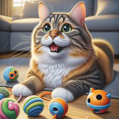 Illustrate a scene in a realistic, high-definition style, that features a feline enjoying the stimulation of catnip toys. The cat should appear excited and engaged, experiencing a natural high from playtime. Catnip toys, designed for feline enjoyment, should be clearly visible in the vignette. Please ensure that no text or Arabic numerals are included in the image. Capture the safety and entertaining nature of these toys while avoiding any harmful effects. This is a lively scene of a cat having the time of its life playing with catnip toys.