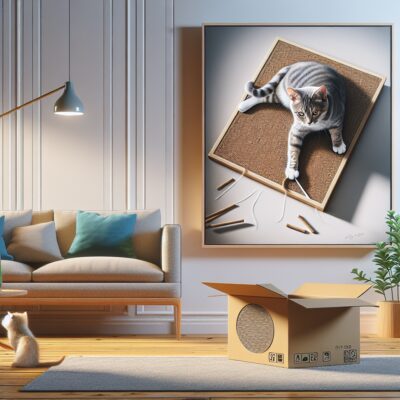 Create an image in a realistic style that illustrates a home scene where a cat is using a cardboard scratching pad, showing evident satisfaction. The cat, furniture, and scratching pad should all be visibly detailed. Do not include any text or Arabic numerals in the image. The depiction should ideally show the furniture free from any claw marks, presenting a clean, well-maintained environment. The color and type of the cat, the style of furniture, and the design of the scratching pad are left up to interpretation.