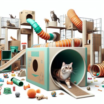 Create an image in a realistic style portraying a playful and challenging cat agility course composed of household items like boxes, tunnels, and ramps. The course should be laid out in a way that encourages the cat to jump, climb, crawl and run through various obstacles. Depict treats and toys positioned at strategic points on the course as motivators for the cat to navigate through it. Please ensure that no text and no Arabic numerals appear in the image. Also, the image should be in high definition.