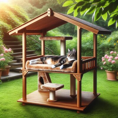 Create a high-definition, realistic depiction of a backyard with a sturdy perch or cat tree installed. This designated area is akin to a VIP lounge for a cat, where they can bask in the sunlight and watch over their domain. Show a content cat sprawled on the perch, relaxing and playing in the serene outdoors. This image exudes a sense of peace and enjoyment, a little piece of paradise right at home, but without any human text or Arabic numerals.