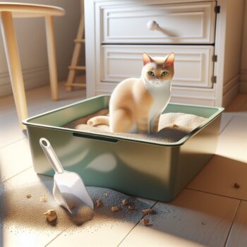 A high-definition, realistic depiction of a well-maintained cat litter box. The highlight should be on the cleanliness and appealing characteristics of the litter box that makes cats want to use it, such as regularly scooped waste and fresh litter. Nearby, there should be a scoop used for the cat litter, and the surrounding environment should exude a sense of cleanliness and freshness that evokes a warm feeling towards cat care. The visual narrative should promote importance of cleanliness and hygiene for cat owners.