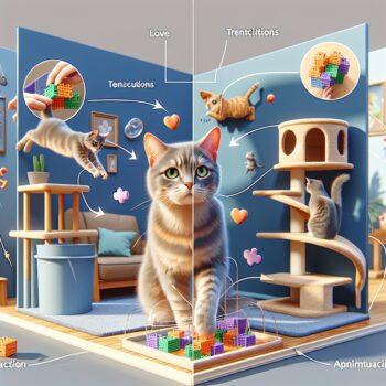Create a realistic, high definition image illustrating an interactive play session with a cat. This includes a curious cat engaging with a puzzle toy, testing its mind and keeping it stimulated. Also, depict a cat tree and other exploratory opportunities that indicate its natural instincts. Show transitions between different types of play and activities to keep the scene dynamic and prevent a sense of boredom. The image should reflect both physical and mental stimulation, supporting the idea of a confident, active, and healthy cat. Note that love and attention should be perceived from the overall environment but no text or Arabic numerals should appear in the image.