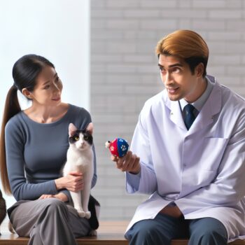 In High Definition and realistic style, depict a scene with a professional animal behaviorist guiding a Caucasian male on how to train his black and white cat. The cat should look a bit stubborn while the animal trainer, an Asian woman, demonstrates a training technique using toys. Keep the atmosphere friendly and supportive, to suggest that seeking help in training pets can lead to success. Make sure there are no visible texts or Arabic numerals in the image.