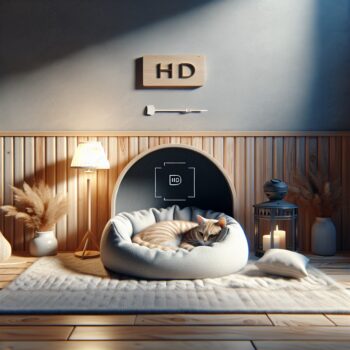 Create a realistic HD image of a cozy, quiet corner of a home, designed specifically as a peaceful sanctuary for a cat. It should feature a cushy bed or blanket where the cat can relax and recharge. Ensure that the surroundings look serene and devoid of any distractions or loud noises. Imagine soft lighting and gentle hues that add to the soothing ambience. No text or Arabic numerals should be included in the image.
