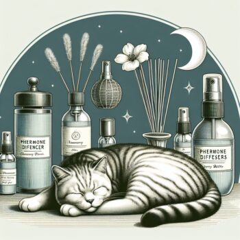 In a homely setting, show a content feline resting peacefully. Around the environment, depict a few pheromone diffusers and spray bottles. The design of these objects should subtly suggest the peaceful and calming ambiance they are creating. The style should be as realistic as possible, and high-definition detail should be used to emphasize each feature. Remember, text and Arabic numerals are not to be included in this scene.