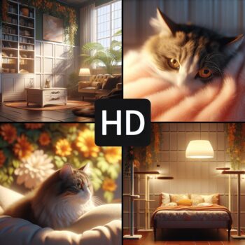 Create an HD, realistic depiction of a warm, serene domestic environment. Focus on including various secluded spots, like a comfortable hiding place tucked in the corner, and high perches such as a top of a bookshelf or a cat tree with soft cushions. Show a cat peacefully enjoying one of these retreats, embodying comfort and tranquility as it takes refuge from the outside world. Note that no text or Arabic numerals should be included in the image.