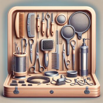 Create an image showing a cat grooming station. The station includes all the necessary tools for grooming a cat, such as a specialized brush, comb, and nail trimming tools. The setting is realistic and the image should be in high definition. Make sure each tool is clearly detailed and define various types of them meant to accommodate different types of cat fur. Please do not include any text or Arabic numerals within the image.
